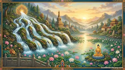 Seven streams of clear water flowing into a still pond, representing the seven methods of eliminating mental taints in Buddhism