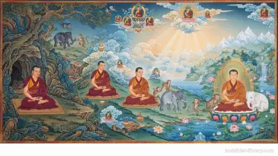 Serene meditation scene depicting calm abiding practice with traditional spiritual art symbolism