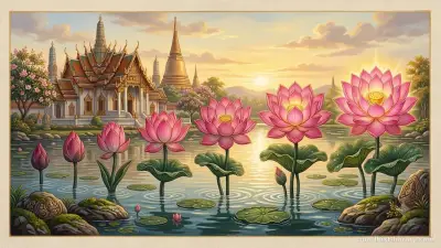 Seven lotus flowers blooming in sequence from bud to full bloom, representing the progressive development of the seven factors of enlightenment