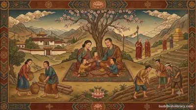 Traditional Buddhist art depicting harmonious relationships between family members, friends, and community in daily life