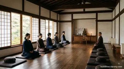 Serene meditation hall with soft natural light, symbolizing the purity and clarity that comes from ethical conduct in Buddhism