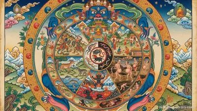 The wheel of existence showing the six realms of Buddhist cosmology with beings moving through cycles of rebirth
