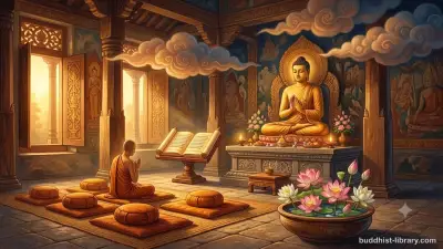 Serene Buddhist meditation scene with soft golden light representing the Six Recollections practice