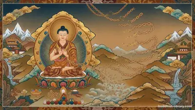 Ten chains breaking one by one as a meditator progresses toward liberation, traditional Buddhist art style