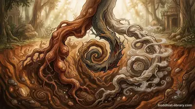 Three intertwined roots representing greed, hatred, and delusion in traditional Buddhist art style