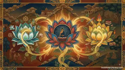 Traditional Buddhist illustration showing three interconnected elements representing ethical conduct, mental concentration, and wisdom in harmonious balance