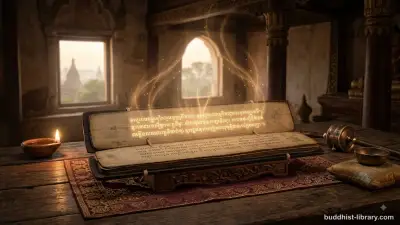Golden light radiating from an open ancient Buddhist text, symbolizing the Buddha's inspired utterances