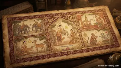 Ancient illuminated manuscript depicting the Buddha's past lives, traditional Buddhist art style with golden accents