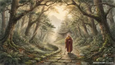 Serene path through ancient forest symbolizing heedful awareness and diligence in Buddhist practice