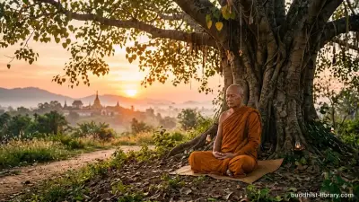 Serene Buddhist monk in deep meditation under a bodhi tree at dawn, symbolizing the attainment of Arahatship