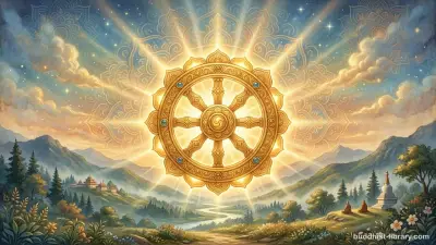 Traditional spiritual art depicting the wheel of Dhamma representing both teaching and natural law