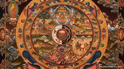 Ancient Buddhist wheel of life symbol depicting the six realms of samsara in traditional spiritual art style