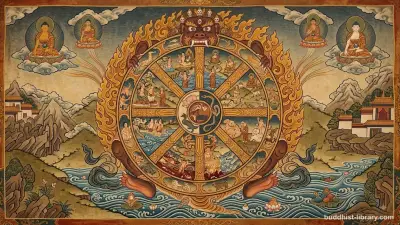 Ancient wheel symbol representing the cycle of craving and suffering in Buddhist teaching, traditional spiritual art