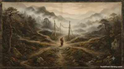 A crossroads in mist symbolizing the paralysis of spiritual doubt in Buddhism