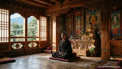 Serene meditation space with soft natural light filtering through traditional Buddhist architecture, symbolizing clarity and wise attention in practice